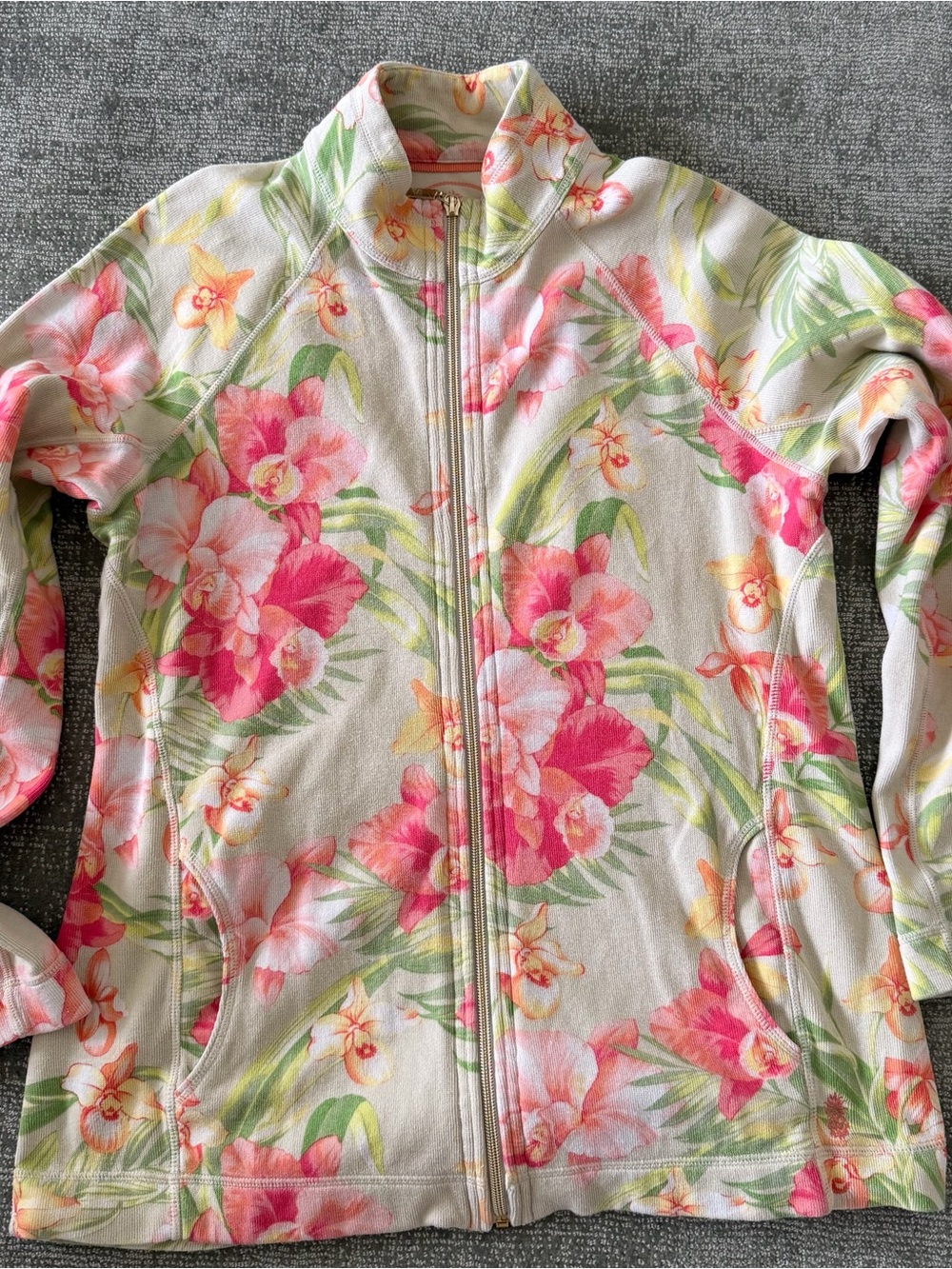 Tommy Bahama Cream Floral Full-Zip Cardigan with Pink Blooms